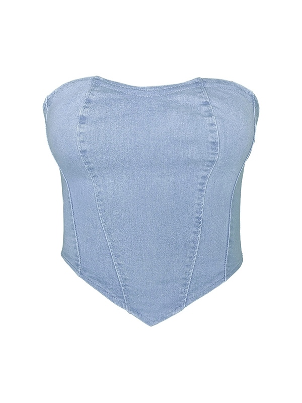 Vintage Denim Irregular Hem Corset Bandeau Top-3