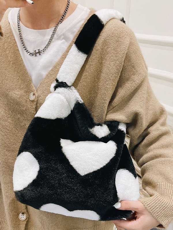 Heart Pattern Fuzzy Shoulder Bag-1