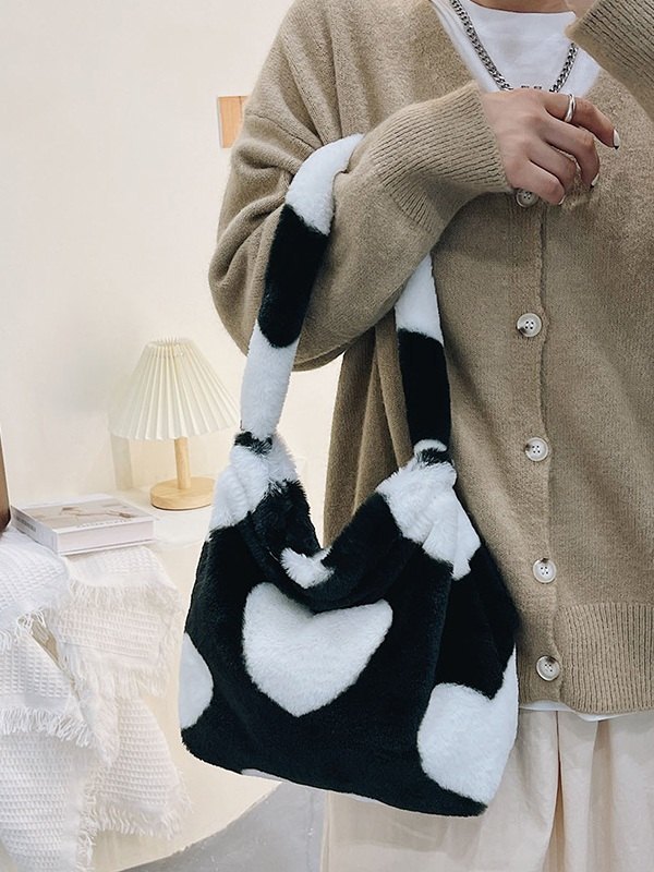 Heart Pattern Fuzzy Shoulder Bag-3