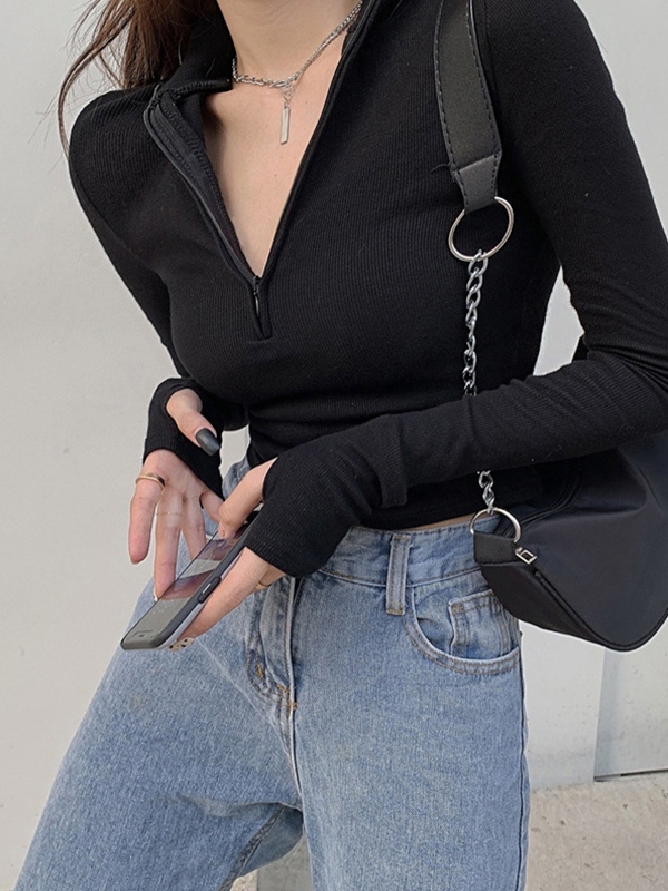 Solid Half Zip Slim Long Sleeve Knit-2