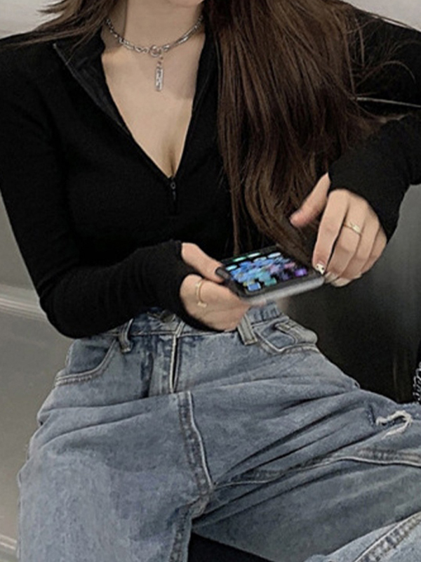 Solid Half Zip Slim Long Sleeve Knit-3